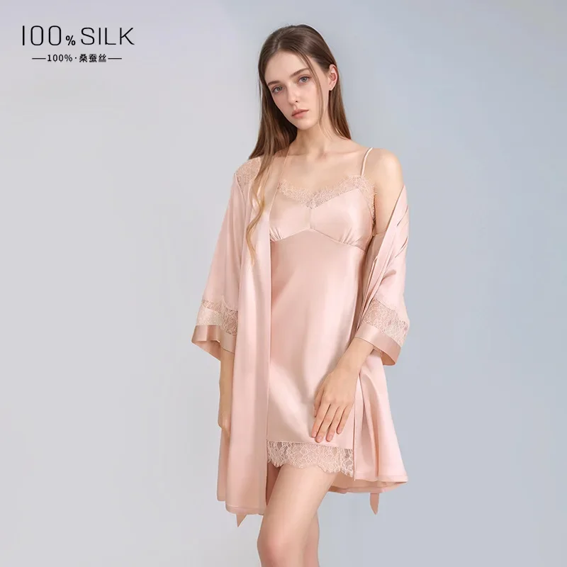 100% Mulberry Silk Robe with Chemise Nightdress Set Women’s Sexy Lace Kimono Robes & Nightgowns Solid Sexy Lingerie Bathrobe PJs