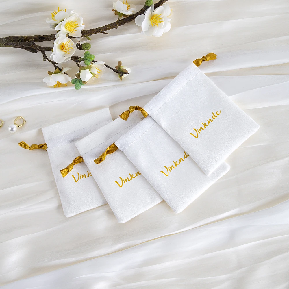 Custom Logo White Suede Jewelry Pouches with Khaki Ribbons Storage Perfume Cosmetics Eyeshadow Collection Travel Toiletries Bags