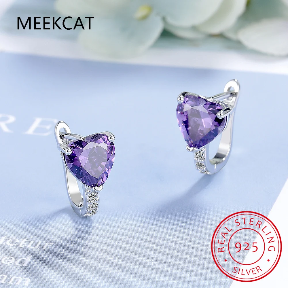 

Серьги-кольца из стерлингового серебра 925 пробы с сердечком из натурального фиолетового аметиста для женщин, модные массивные ювелирные изделия с драгоценными камнями Huggies