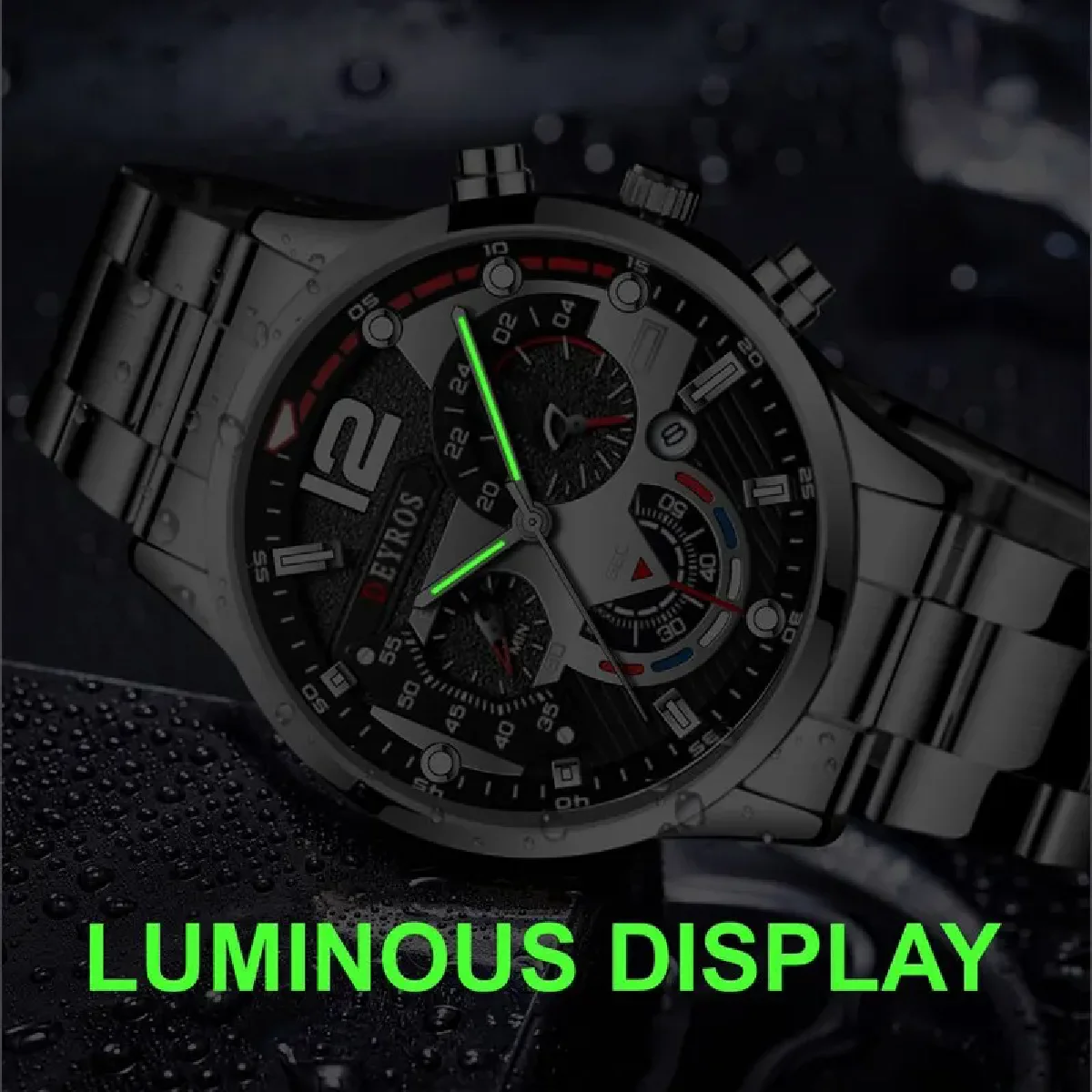 Reloj de cuarzo plateado de lujo para hombre, pulsera de acero inoxidable, informal, de negocios, luminoso, 2 piezas