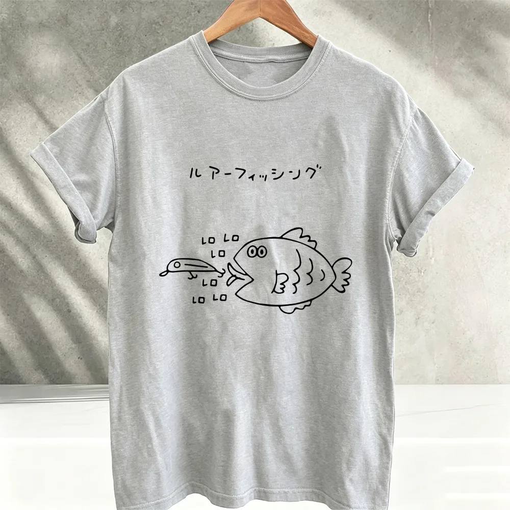 Men Japanese Lure Fishing Cartoon Fish Graphic T-Shirt Simple Line Art Angler Print Short Sleeve Casual Cotton Streetwear Tees