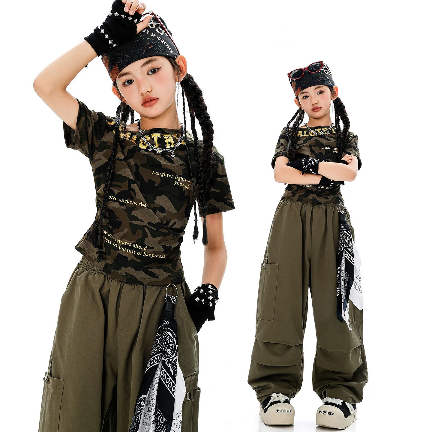 

Kid Hip Hop Clothing Camo Slim Ruched Slope Shoulder T Shirt Army Green Parachute Cargo Pants for Girls Dance Costumes Clothes
