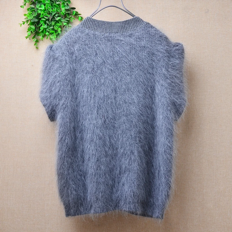 Ladies Women Fall Winter Clothing Grey Hairy Angora Rabbit Hair Knitted Zippers Short Sleeves Slim Cardigans Sweater Vest Jacket