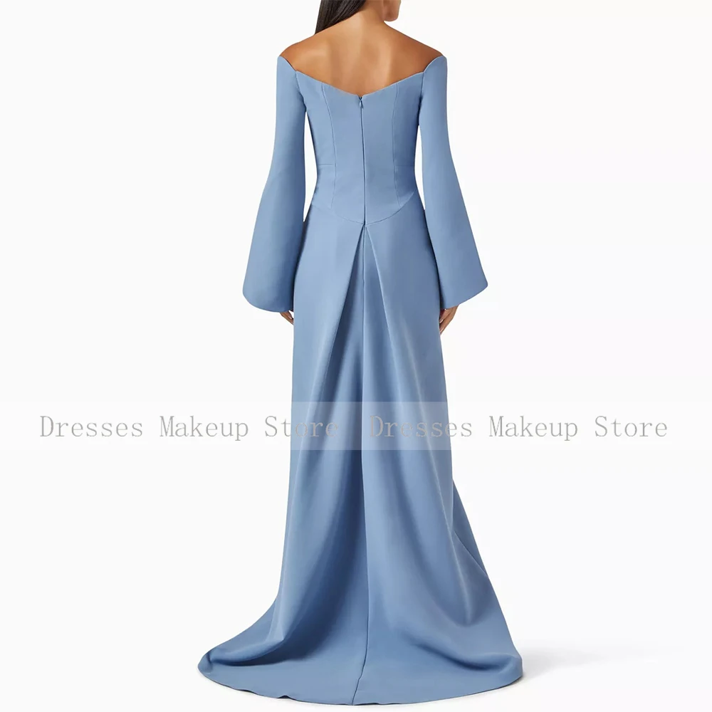 Formal Party Dresses for Women 2024 Sky Blue A-line Off-the-shoulder Floor Evening Gown Long Sleeves Length Modern Evening Dress