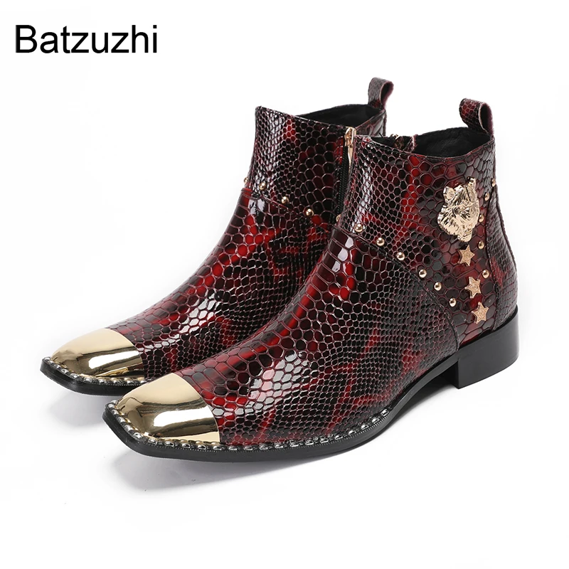 

Batzuzhi Fashion Wine Red Men's Genuine Leather Ankle Boots Pointed Toe Gentleman Party and Wedding Boots Shoes! Big Sizes 38-46