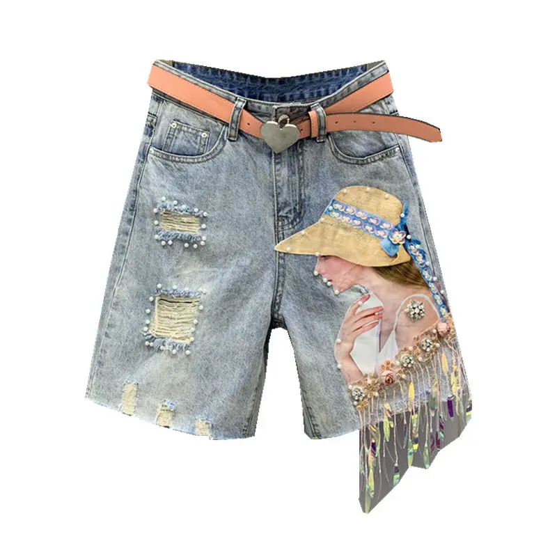 Schönheit karte quaste pailletten nagel loch fünf teil denim shorts weibliche gerade bein hosen trend hohe taille jeans Knie Länge