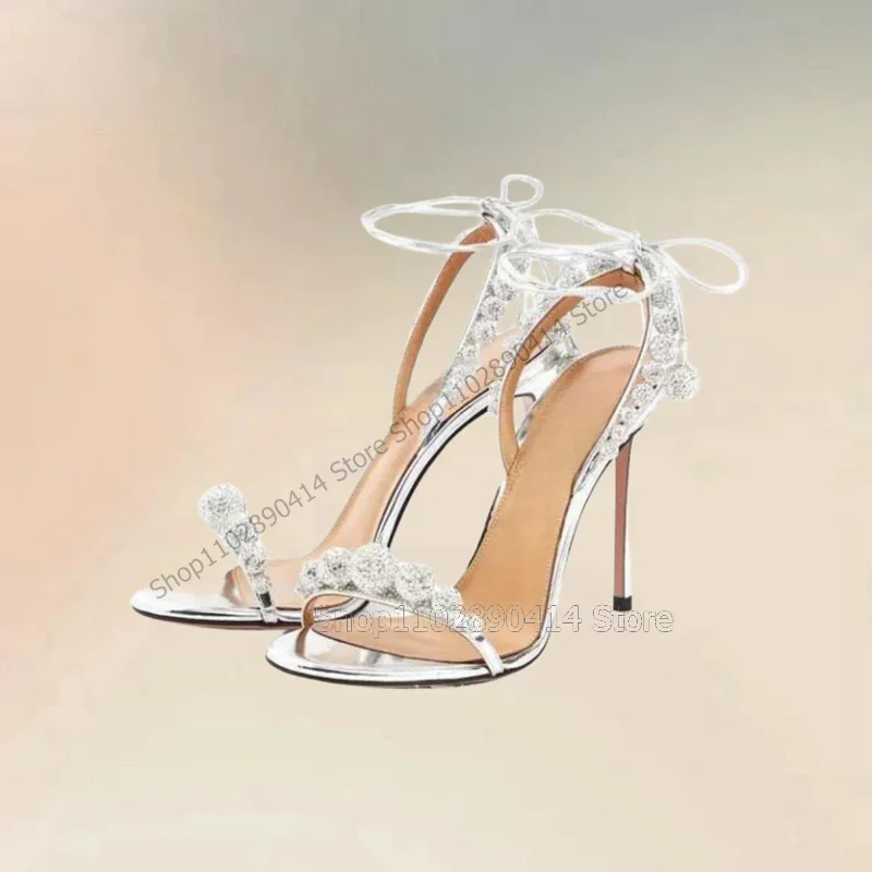 Sandalias con punta abierta y tacón de corte hueco con decoración de perlas blancas, Zapatos de mujer con correa trasera, tacones finos, moda novedosa, 2025 Zapatos Para Mujer