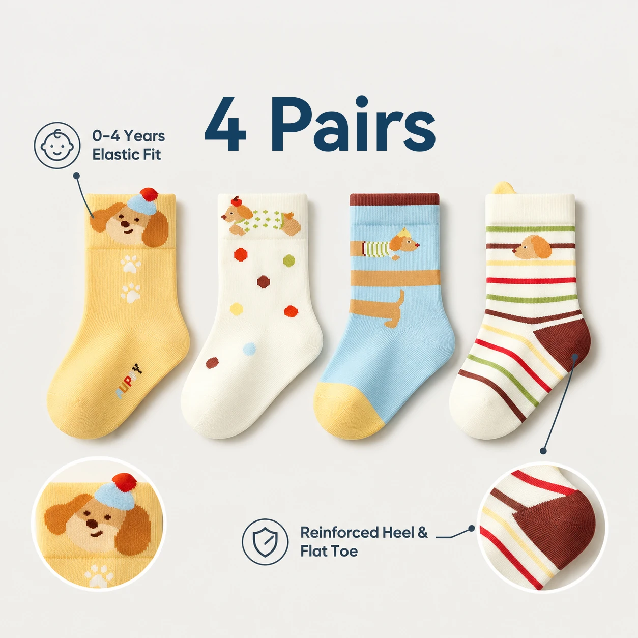 4 Pairs Toddler Mid Calf Socks Cute Puppy Embroidered Pattern Striped Elastic Rib Cuff for Baby Boys Girls 0-4Y