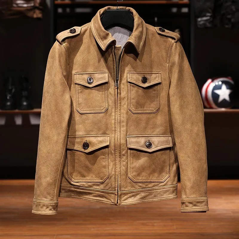 Men's leather with a turtle-patterned collar and yellow cowhide