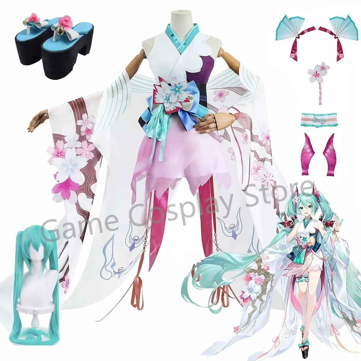 

SSR Onmyoji RPG Collab x Miku Kimono Yukata Outfit Wig Shoes Anime Party Fancy Dress Halloween Cosplay Costume For Women Girls