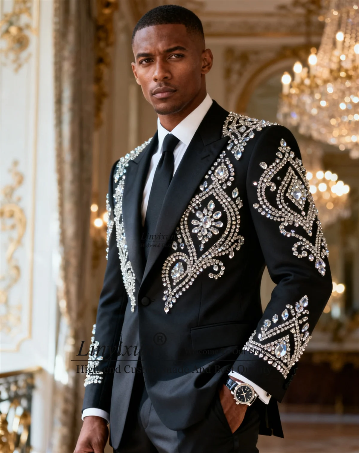 

Luxury Ornament Gem Men Suits Customized Peak Lapel Wedding Tuxedo Slim Fit Party 3 Pieces Sets Groom Male Blazers Costume Homme