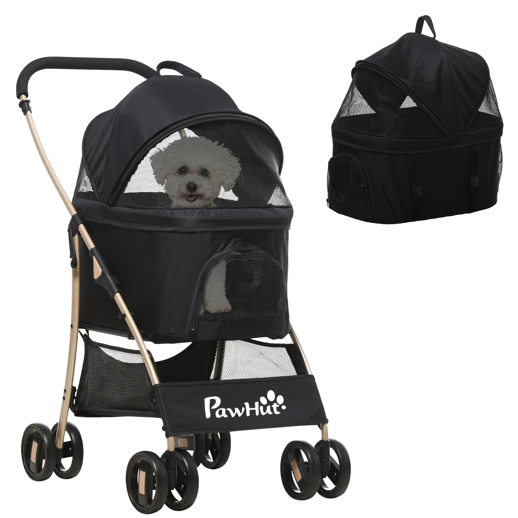 PawHut Carrito para Perros Plegable 3 en 1 con Vagón Desmontable Negro