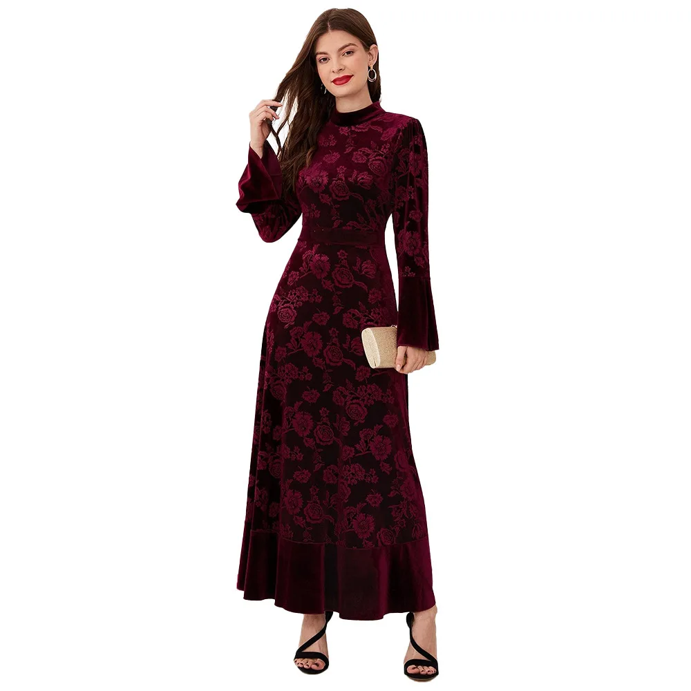 YS-09 Fashion Autumn/Winter New Women's Clothing Elegant Velvet Pattern Lace Long Sleeve Dress