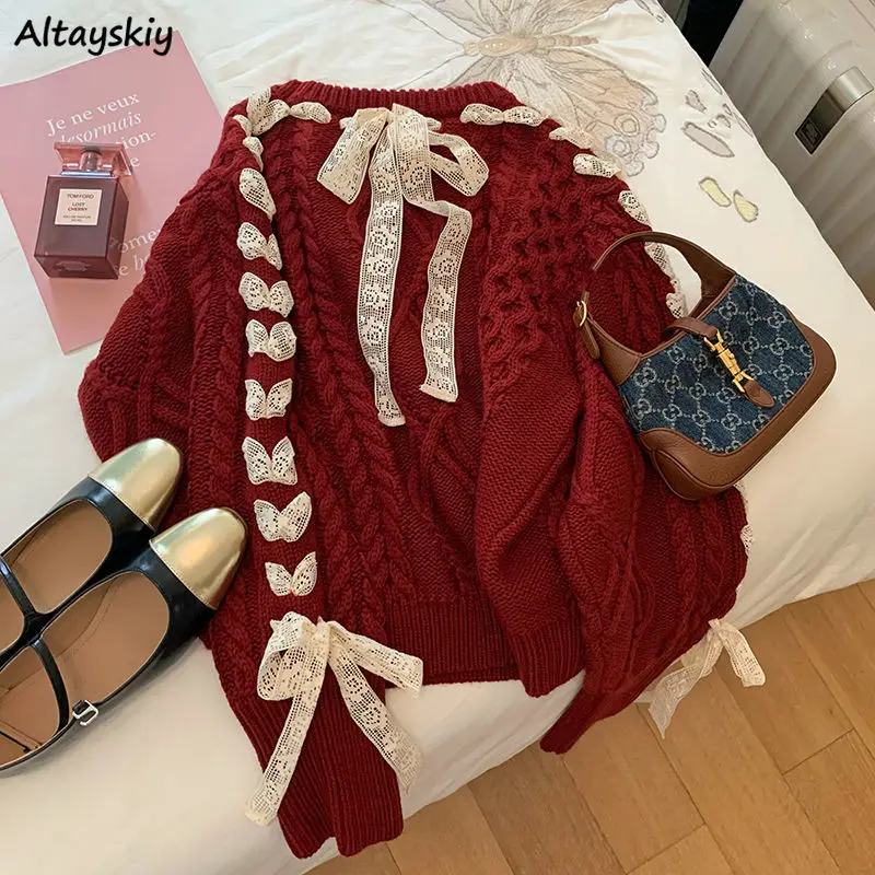 Red Pullovers for Women O-neck Sweaters Chic Lace-up Bow Design Sweet Girls Knitted Autumn Spring Stylish Aesthetic Clothes