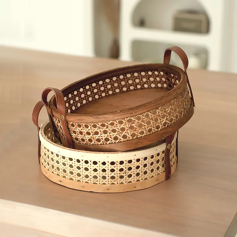 

Rattan Woven Storage Basket Room Round Placing Tray for Fruit Bread Breathable Desktop Organizer -Brown Rattan Basket NEW