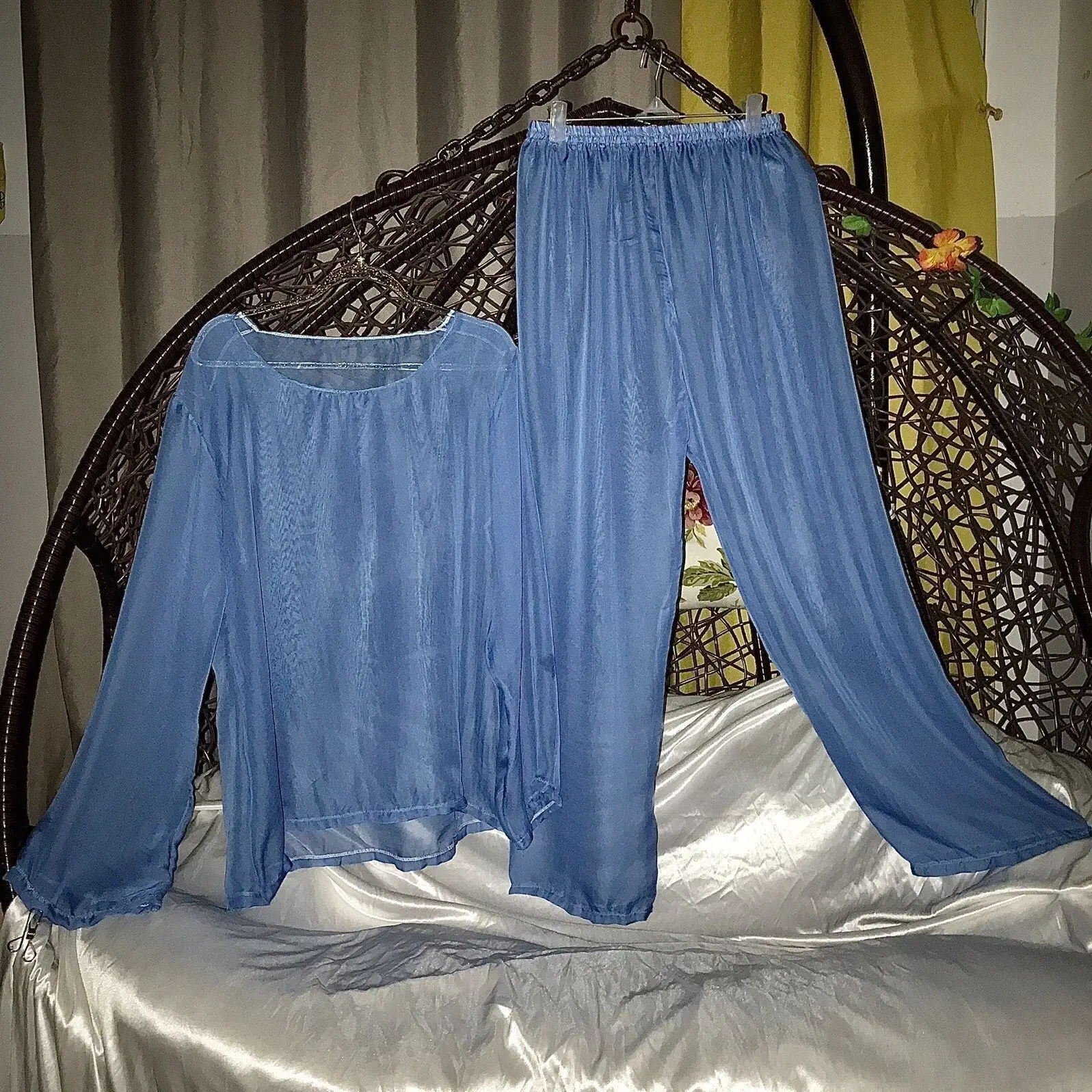 طقم مكون من قطعتين من شبكة تول لامعة للجنسين بأكمام طويلة وسراويل نوم سفلية #4