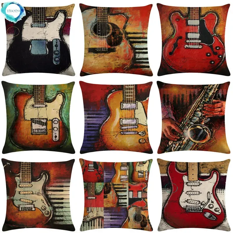 Guitar Pattern Cotton Linen Throw Pillow Cushion Cover Car Home Sofa Bed Decorative Pillowcase Funda Cojin Pillows