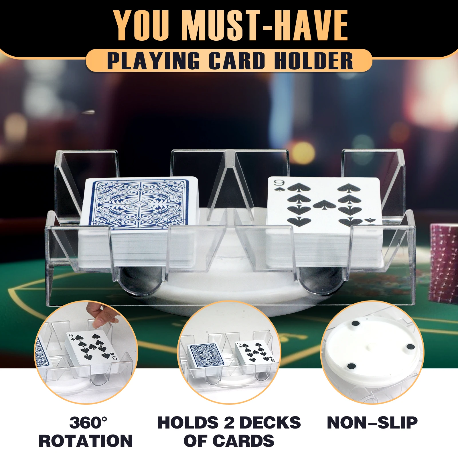 2 Deck Plastic Revolving Canasta Card Game Holder Playing Cards Tray Rotating 360° Organizes Multiple Decks for Canasta, Poker view 4