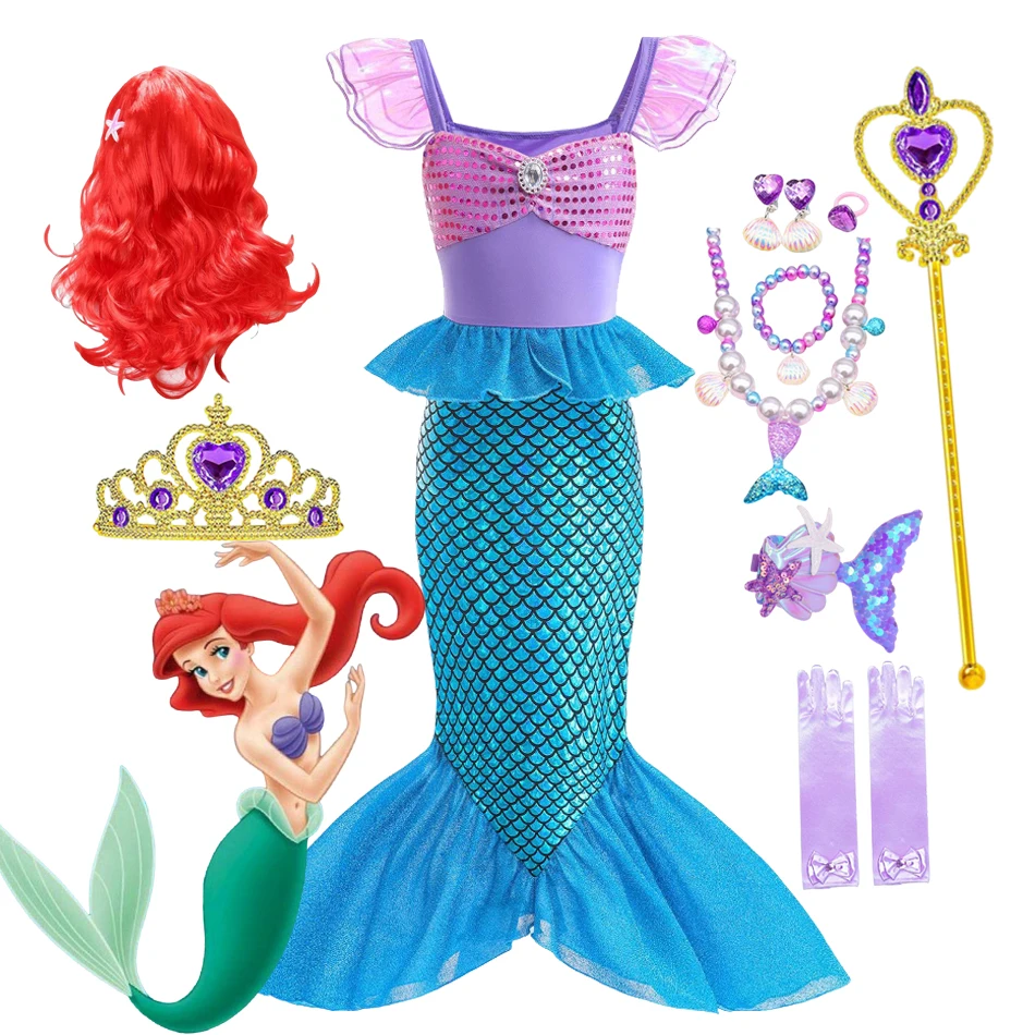 

Ariel Princess Girls Cosplay Little Mermaid Disney Costumes Kids Summer Dress Halloween Birthday Party Children Clothes Dress Up