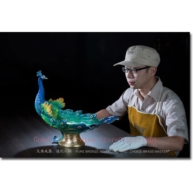 

45CM Large Global Christmas gift TOP Handmade Auspicious Pea cock peafowl Color brass Sculpture home office art Ornament