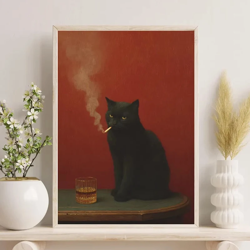 Schwarze Katze raucht eine Zigarette, Poster und Drucke, Retro, skurrile, lustige Tier-Leinwand-Wandgemälde, Bar, ausgefallenes Dekor, Bild – Detail 6