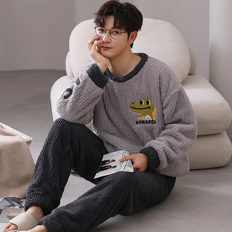 Crocodile Cartoon Coral fleece pajamas for men Winter Thickened Nightwear Young Boy Plus Size 5XL 4XL loungewear pyjama homme