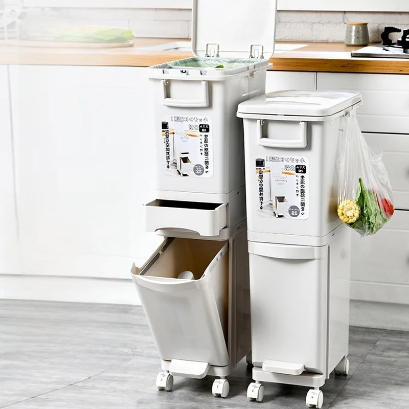 

Japanese Sle Kitchen Tra Can Double Inner Buet Smell Proof Food Waste Separation Wet Dry Classin Cover Household