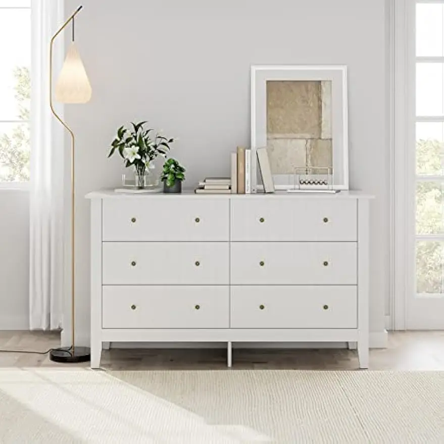 

White Dresser, Modern 6 Drawer Double Dresser with Deep Drawers, Wide Storage Organizer Cabinet for Living Room