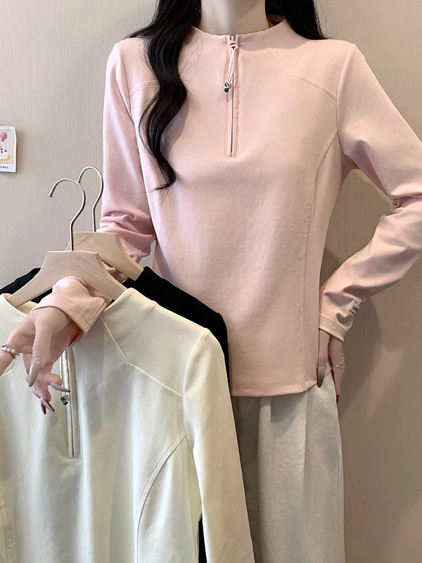 

plus Size Slimming Long Sleeve T-Shirt Half Zipper Shoulder Design Casual Base Layer Top for Early Spring Commute Style