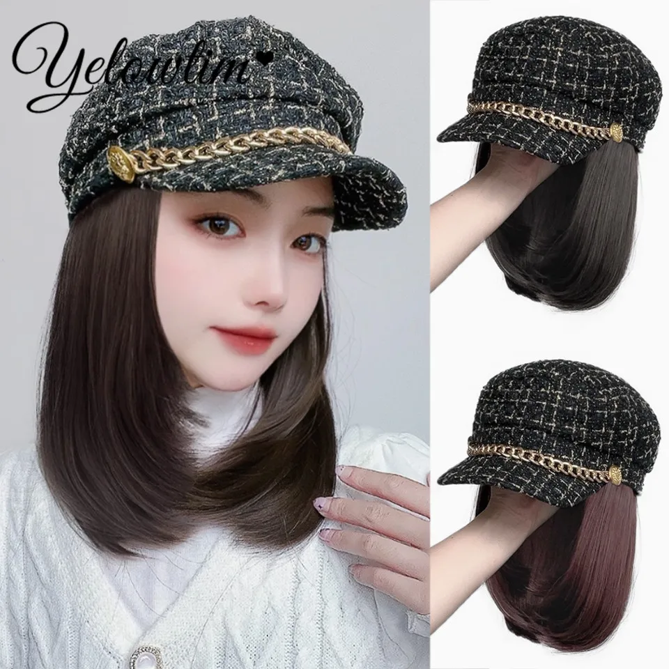 YELOWTIM Long Hair Hat Wig Integrated Detachable Long Straight Hair Beret Autumn And Winter Octagonal Hat Synthetic Wig Women