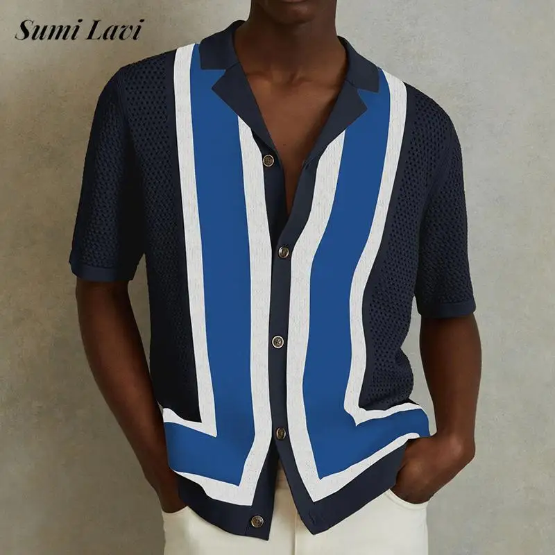 

2025 Summer New Casual Shirts Mens Knitting Hollow Out Contrast Color Shirt For Men Fashionable Turn-down Collar Buttoned Shirt