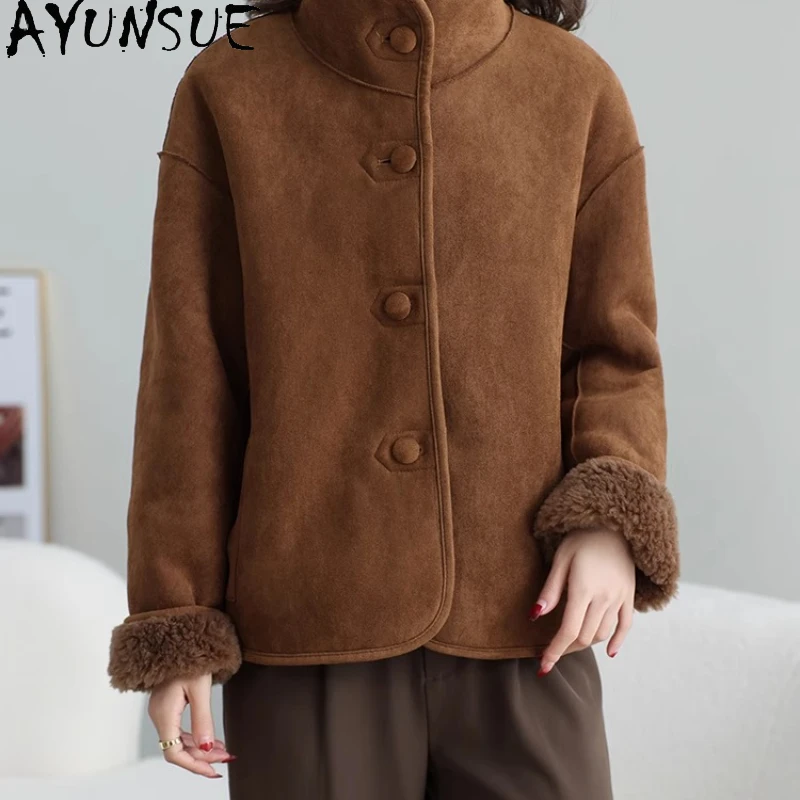 معطف صوف 100% من AYUNSUE للنساء 2025 جاكيت للدراجات النارية سترات شيرلينغ الأغنام ملابس شتوية فرو نسائي متكامل