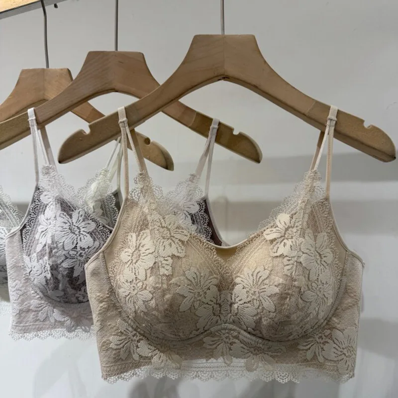 KUTUCL Lace Bralette Women's Gathered Small Chest Appears Large Sexy Anti-Sagging No Empty Cup Thin Strap Underwear