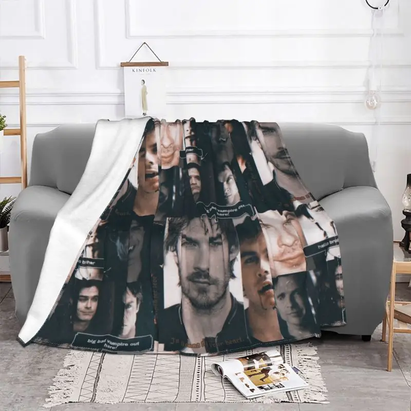 Damon Salvatore The Vampire Diaries Blanket Warm Fleece Soft Flannel Fantasy Film Throw Blankets for Bedding Couch Car Spring