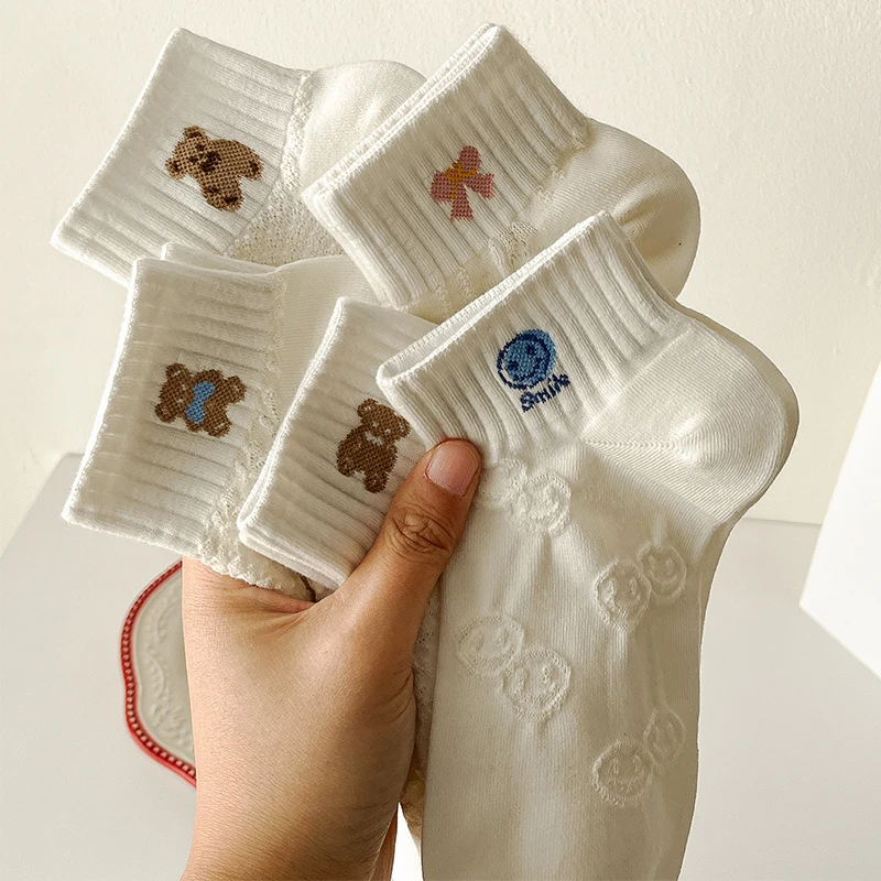 

5 пар женских коротких носков с мультяшным жаккардовым узором, дышащие, мягкие, удобные, повседневные, весенне-летние, милый дизайн