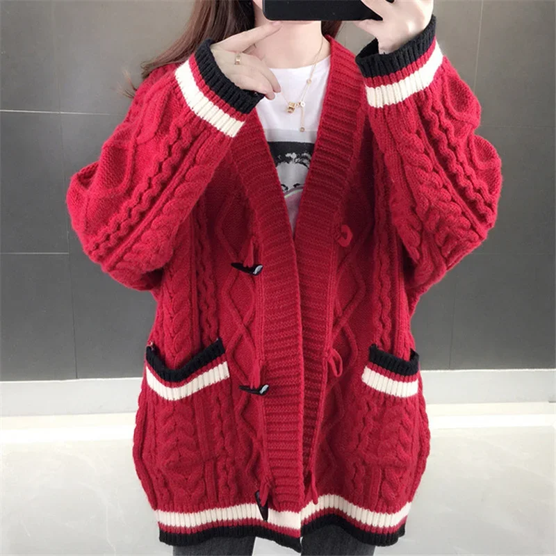 

Autumn Winter Thick Knitting Sweater Cardigan Women Red Pink Tops Loose Big Pocket V-Neck Long Sleeve Knitted Jacket Coat Female