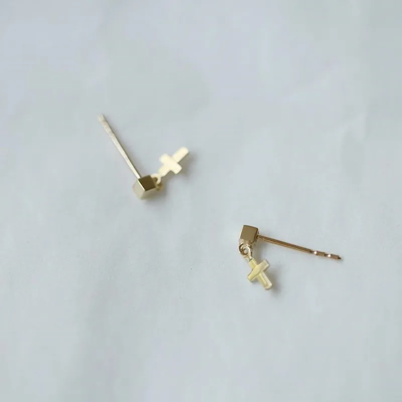 925 Sterling Silver Plated 14K Gold Mini Cross Stud Earrings for Women Korea Temperament Versatile Jewelry