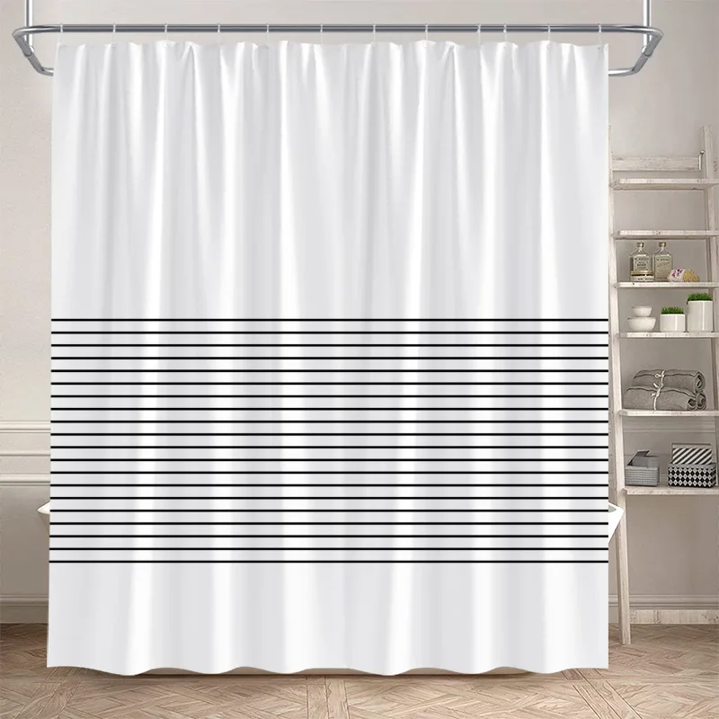Modern Geometric Shower Curtain Black Line Pattern Minimalist White Bath Curtains Polyester Cloth Home Bathroom Decor with Hooks