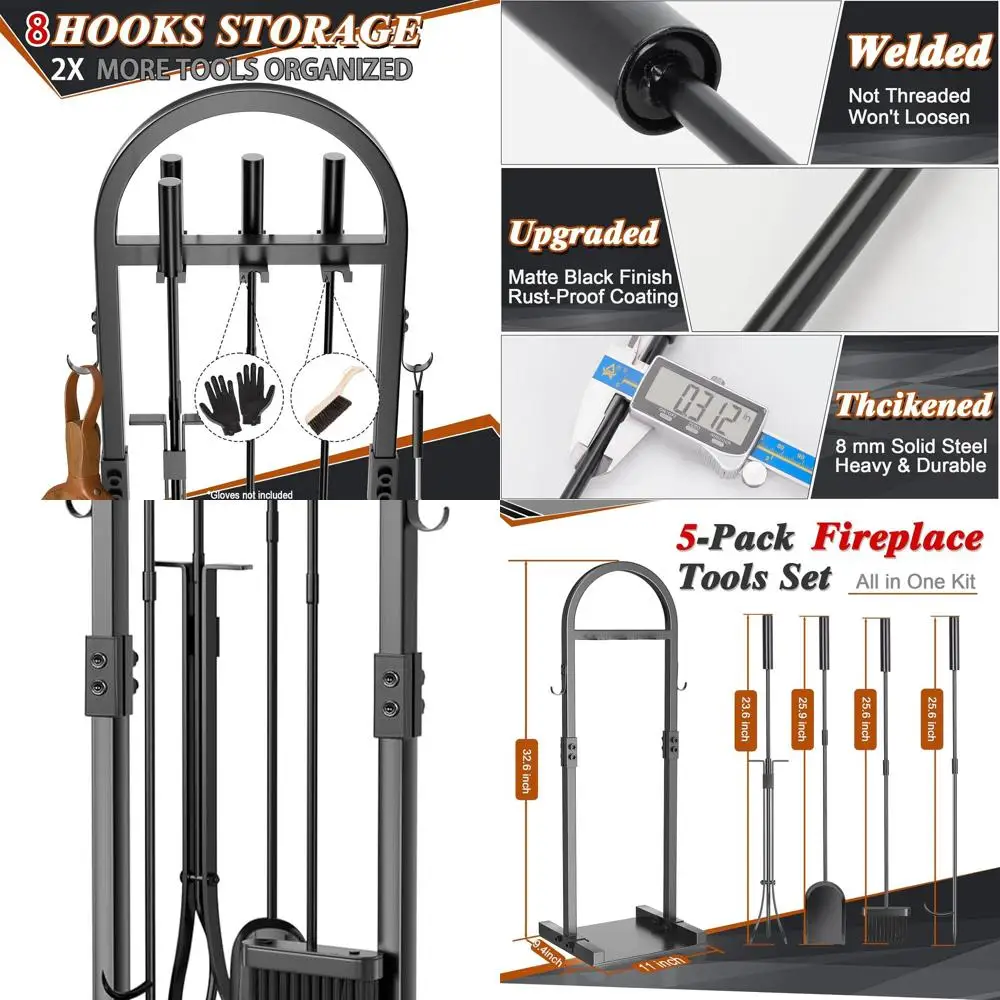 

5-Piece Heavy-Duty Fireplace Tool Set - Wrought Iron Style with Poker, Tongs, Shovel, Brush, and Stand for Indoor/Outdoor Wood S