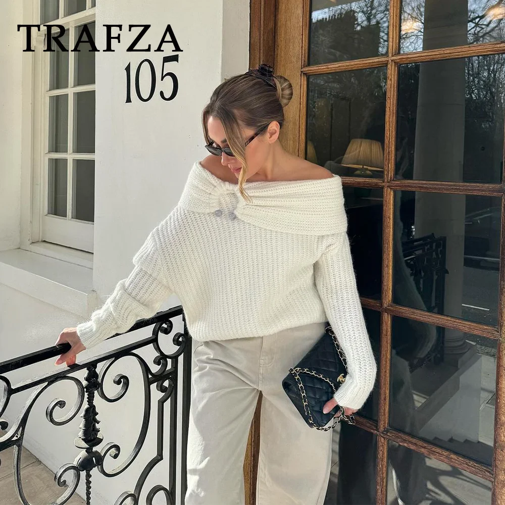 TRAFZA 2024 Spring Summer Casual Tierred Sweaters Fashion Streetwear Slash neck Solid Oversized Knitted Chic Elegant Sweaters