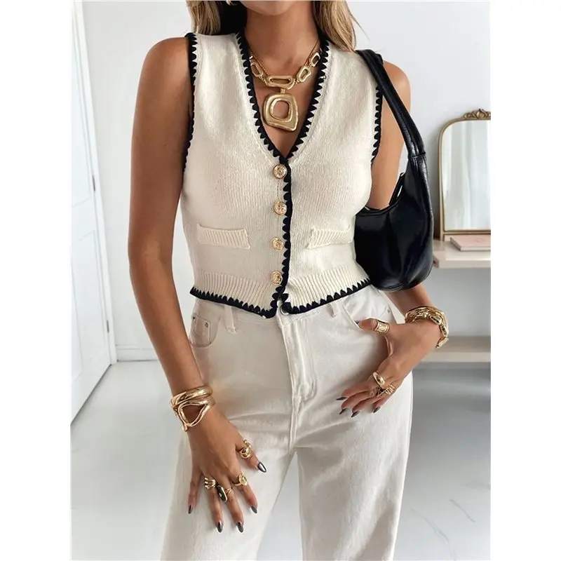 NEW-Women's V-Neck Contrast Trim Button Front Knit Cropped Vest Tank Tops
