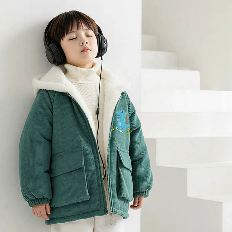 Boys Corduroy Winter Hooded Jacket Cartoon Dinosaur Fleece Thick Cotton Coat Kids Zipper Warm Outerwear for 2-8 Years