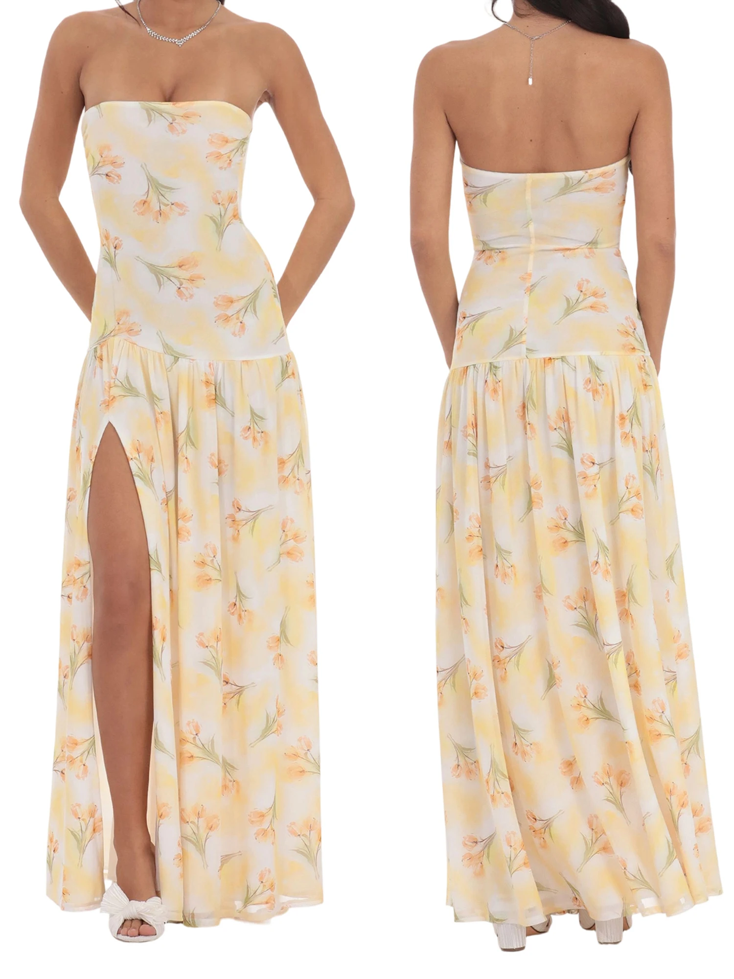Elegante off-shoulder maxi-jurk met bloemenprint, hoge zijsplit en mouwloos ontwerp voor avondfeest of clubkleding