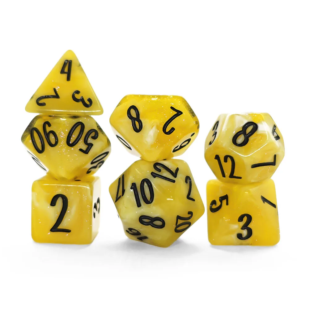 7Pcs Sun Drops Flower Yellow Glitter Resin Polyhedral Dice Set, DND Dice For Dungeons & Dragons TRPG Tabletop Role Playing Game
