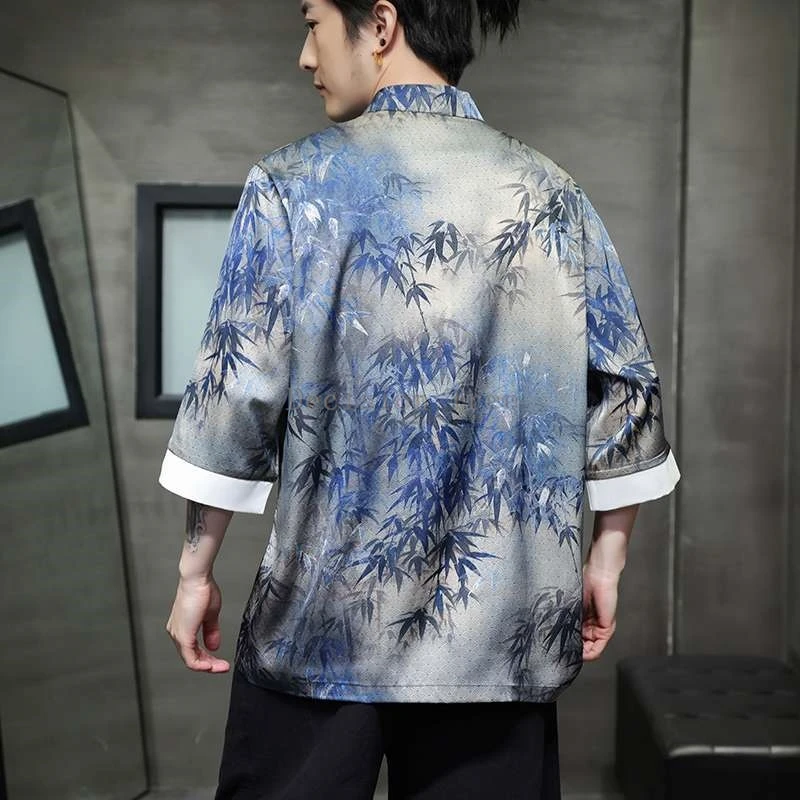 2025 chinese style men's ice silk thin seven point sleeve tang suit leaf pattern short sleeve shirt wushu martial arts shirt