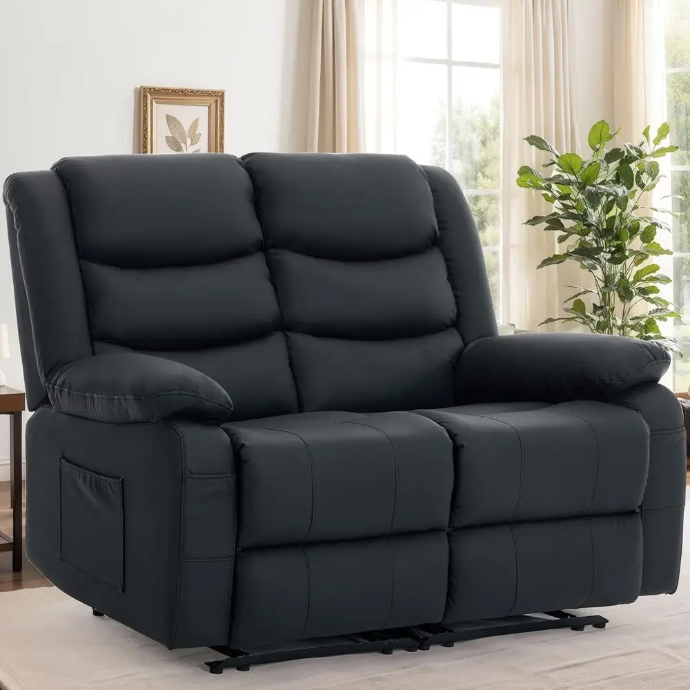 

Black Fabric Theater Loveseat Recliner with Front and Side Pockets
