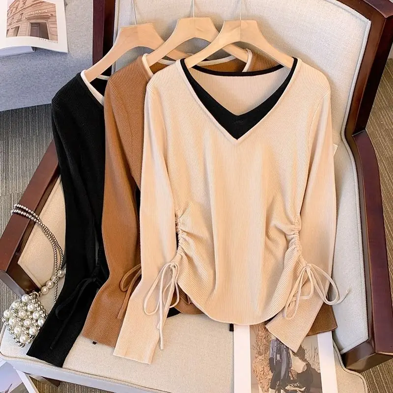 Autumn Elegant Fashion Fake Two Pieces T-shirts Women Clothing Chic V-neck Drawstring Top Casual All-match Long Sleeve Pullovers