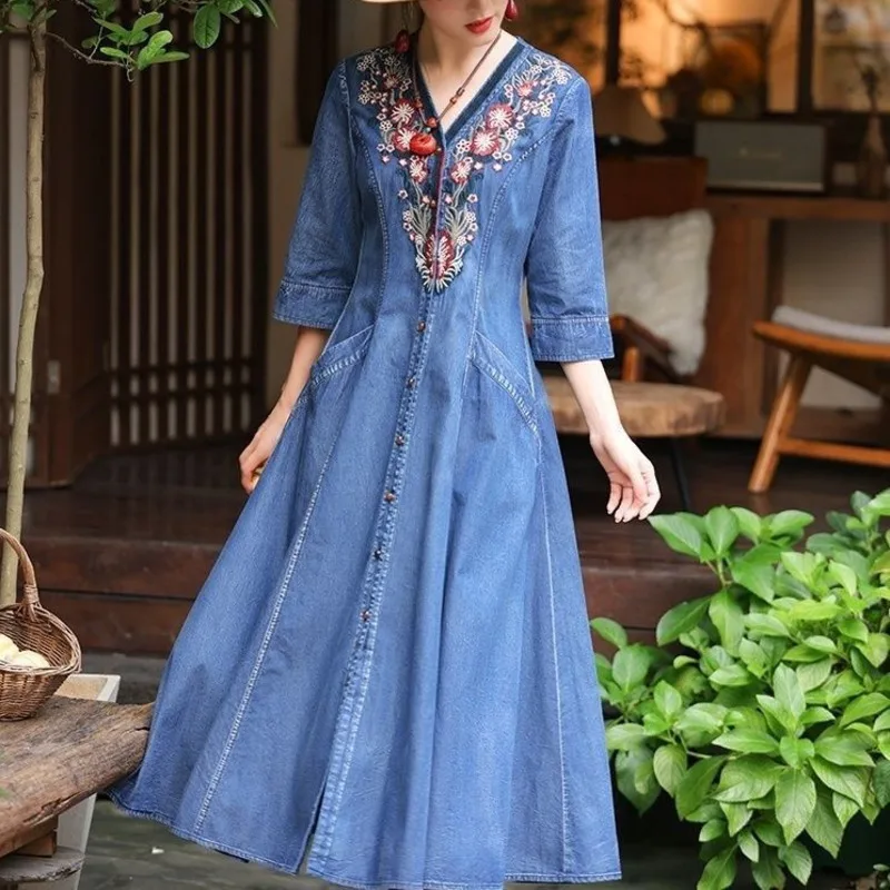 

2025 Spring Autumn Ethnic Style Floral Embroidered Women's Dress V-neck Elegant Slim Fit Denim Long Party Dresses