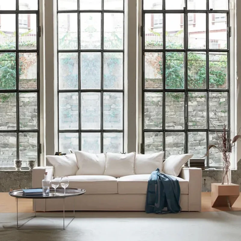 

Removable and washable cotton and linen fabric white straight row three-person sofa