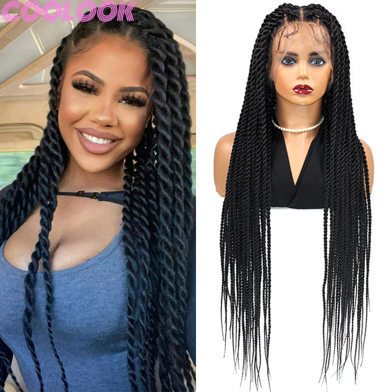 Synthetic Twist Full Lace Braided Wigs 36'' Larger Box Full Lace Frontal Braids Wig for Black Women Goddess Faux Locs Braid Wigs